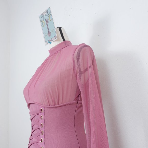 Iris Mauve Pink Sheer Mock Neck Long Sleeve Corset Lace Up SZ S Sexy Y2K Dress - Picture 8 of 14